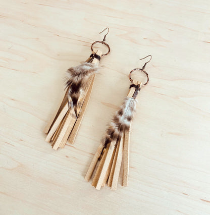 Boho Bone Deer Skin Leather Tassel Earring-Black & White Feather 217d-1