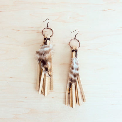 Boho Bone Deer Skin Leather Tassel Earring-Black & White Feather 217d-0