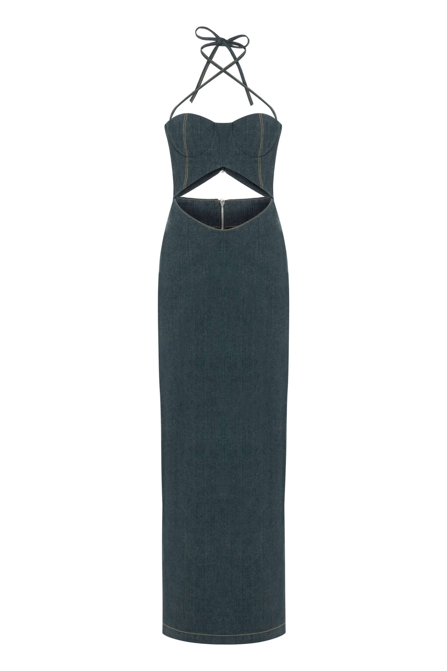 JENDUE Monte Maxi Denim Dress - Halter Cutout Gown-0