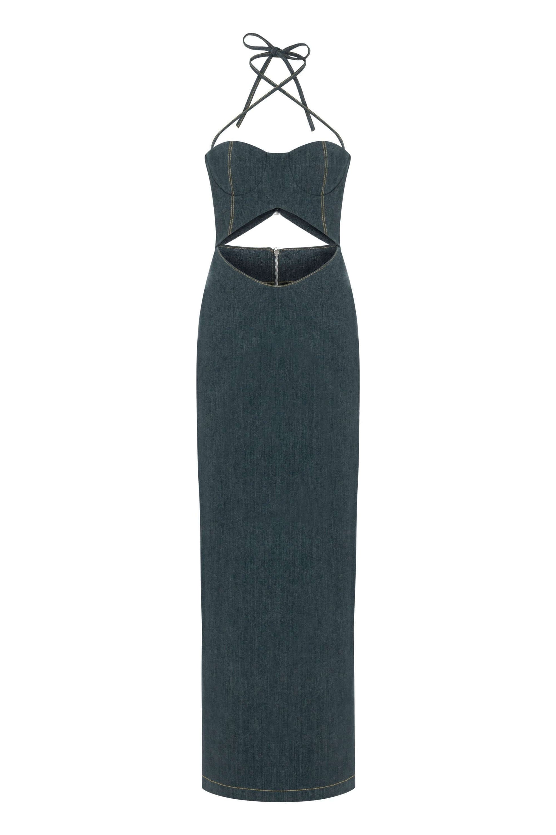 JENDUE Monte Maxi Denim Dress - Halter Cutout Gown-0