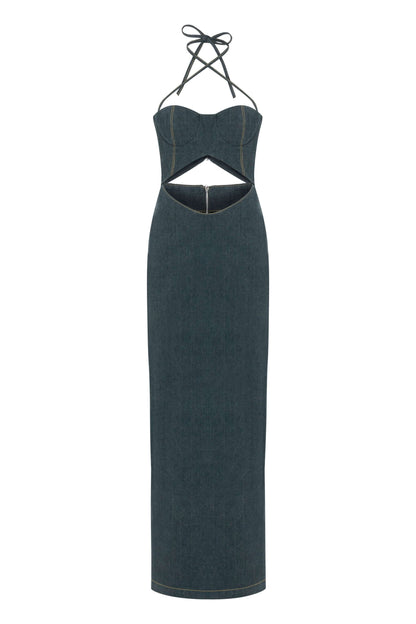 JENDUE Monte Maxi Denim Dress - Halter Cutout Gown-0