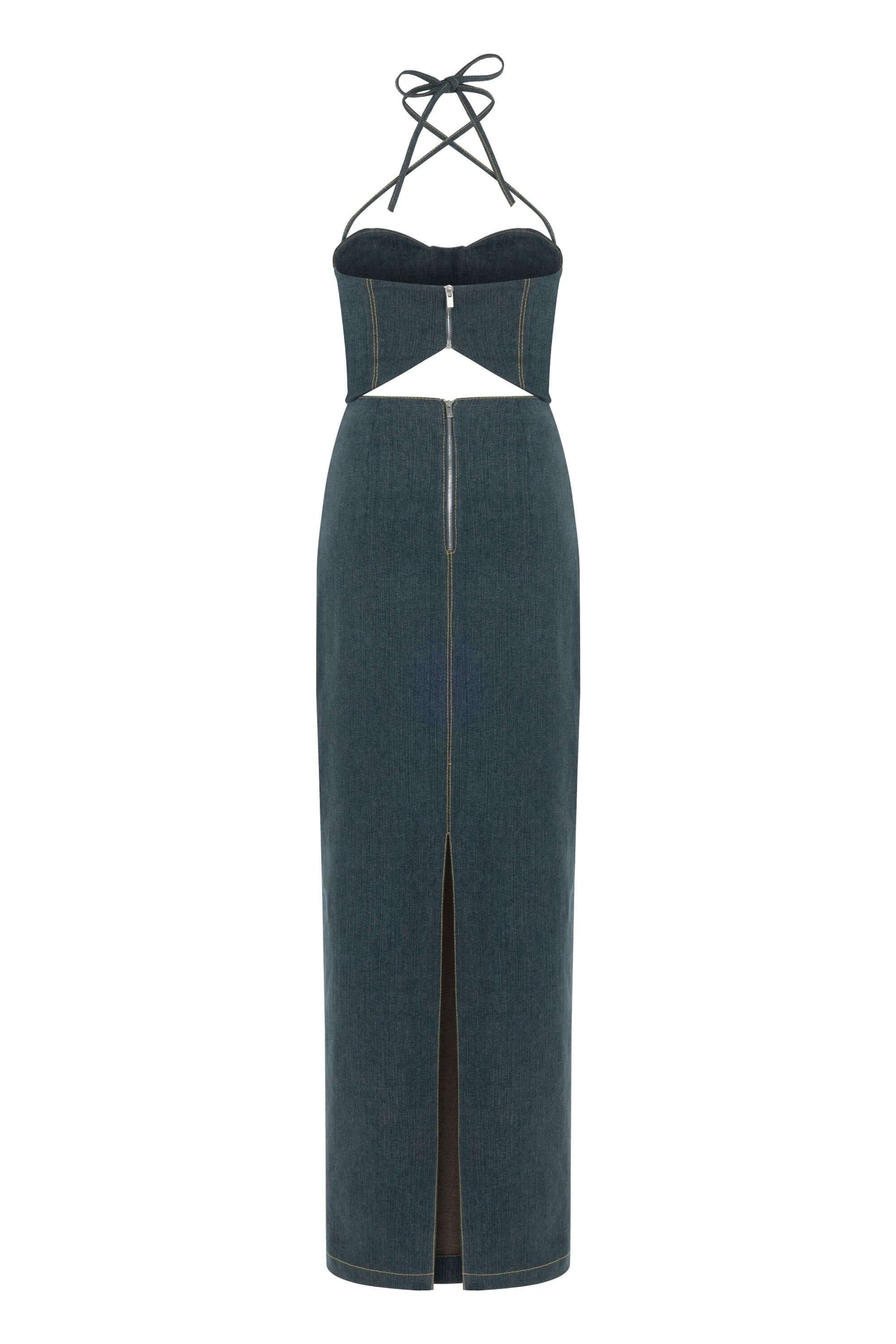 JENDUE Monte Maxi Denim Dress - Halter Cutout Gown-1