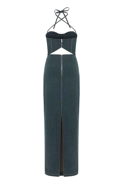 JENDUE Monte Maxi Denim Dress - Halter Cutout Gown-1