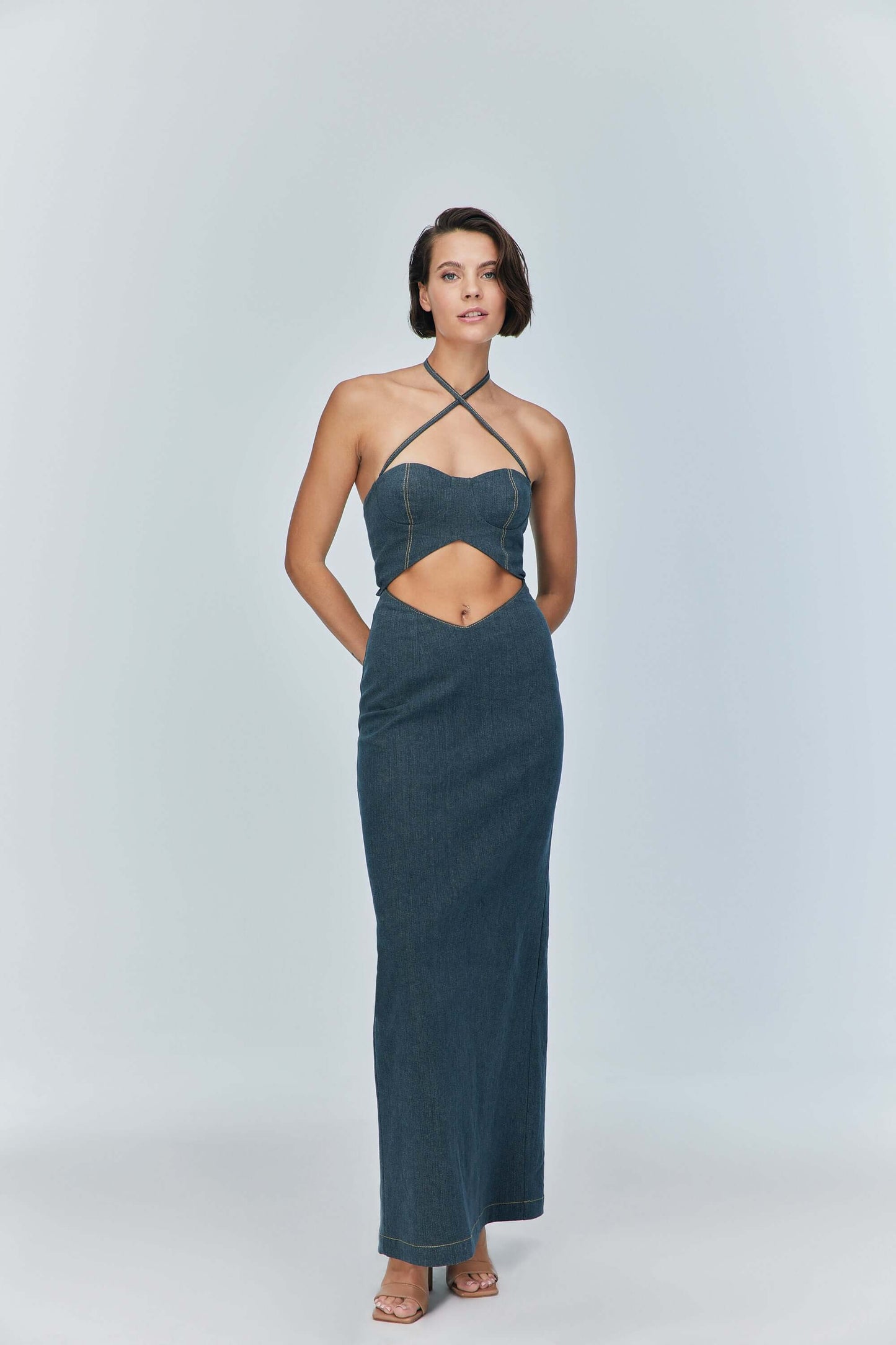 JENDUE Monte Maxi Denim Dress - Halter Cutout Gown-2