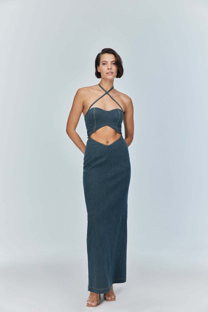 JENDUE Monte Maxi Denim Dress - Halter Cutout Gown-2