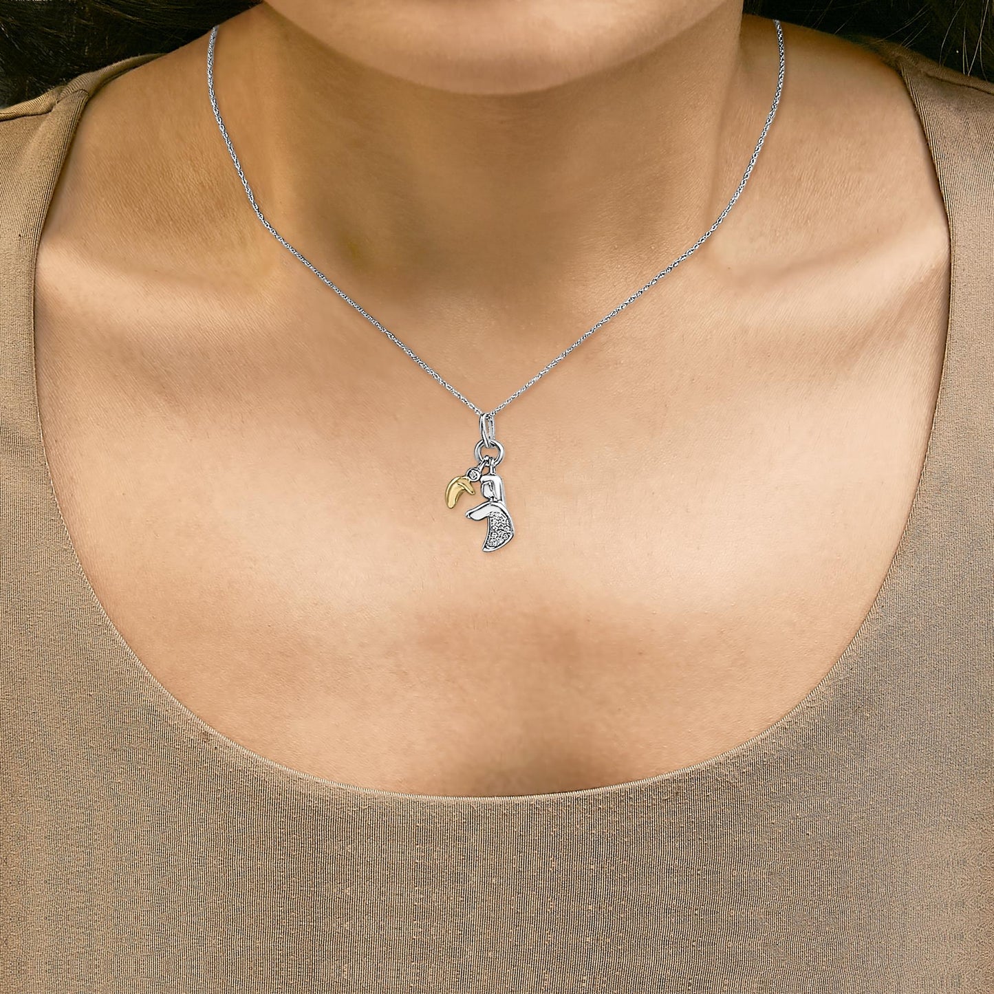 14K Yellow Gold Plated Sterling Silver Diamond Accent Mom and Child Pendant Necklace-2