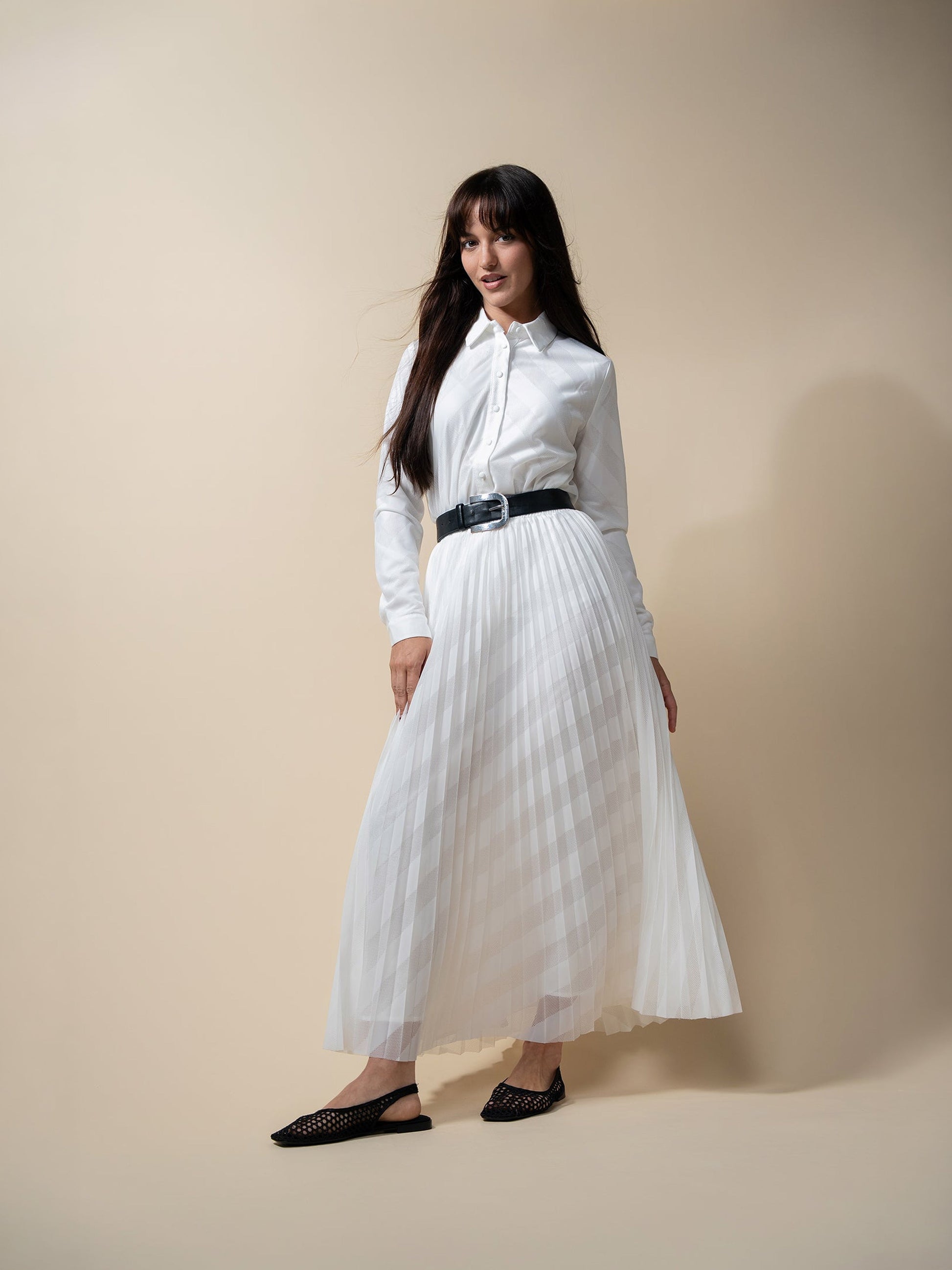 Perforated Pleated Skirt-White-0