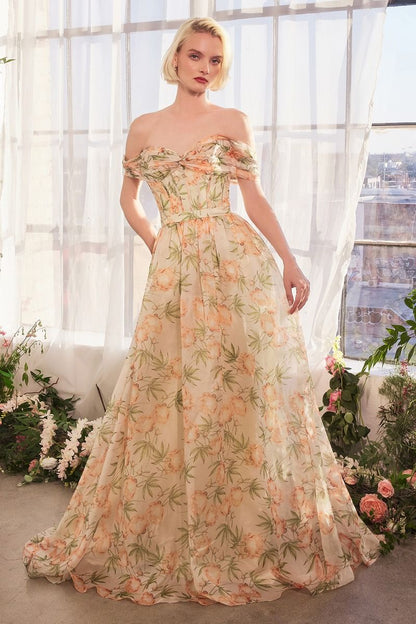 Floral Printed Off The Shoulder A-Line Dress-2