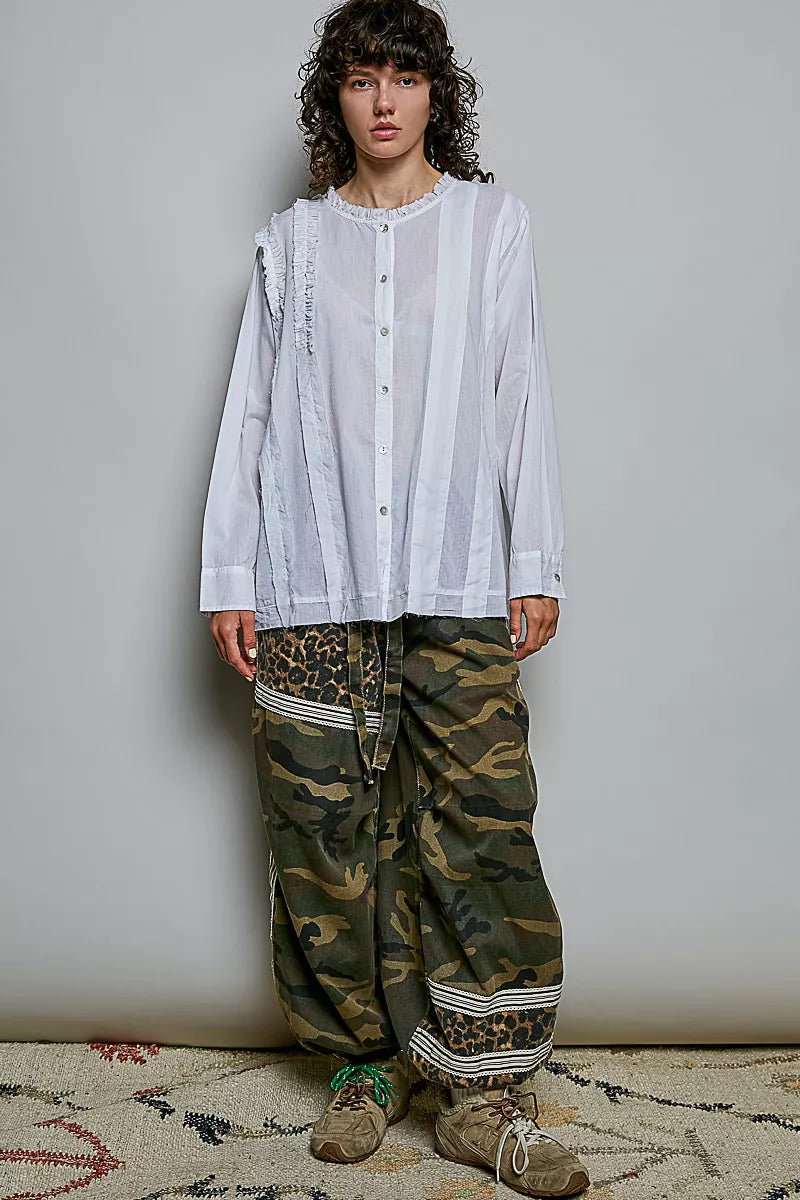 Lightweight Ruffle Trim Round Neck Woven Shirt