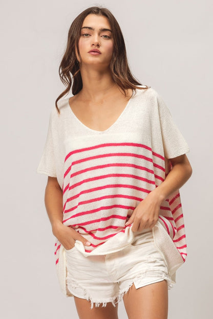 BiBi V Neck Striped Short Sleeve Top-3