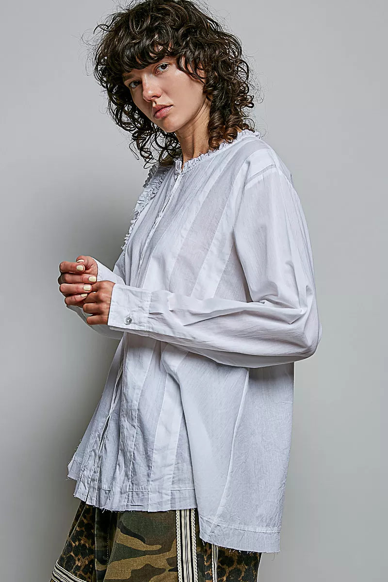 Lightweight Ruffle Trim Round Neck Woven Shirt