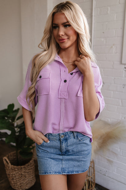 Kyla Flap Pocket Collared Buttoned Short Sleeve Blouse-0