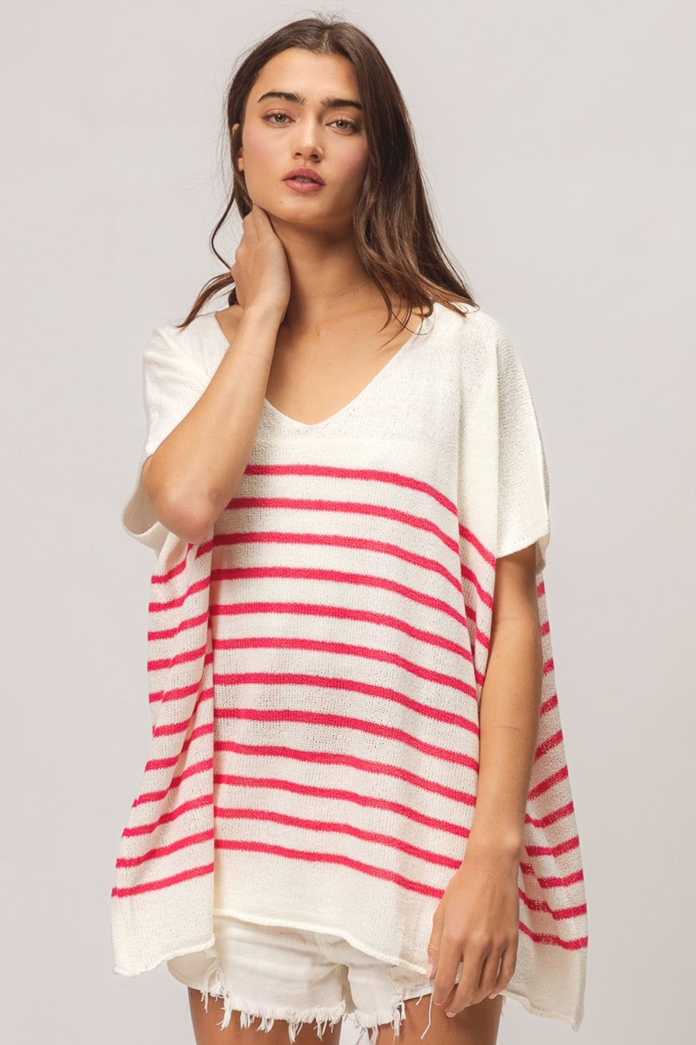 BiBi V Neck Striped Short Sleeve Top-2