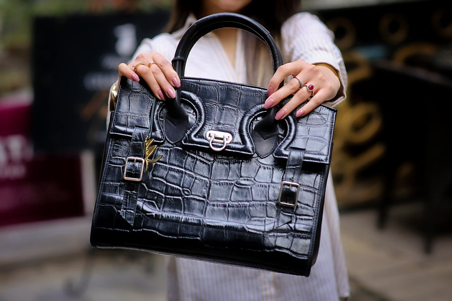 Stacy - Black Croc Tote Bag-1