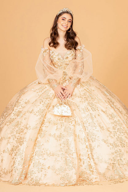Mesh Long Sleeves w/ Detachable Ribbon and Mini Bag Quinceanera Dress GLGL3071