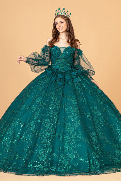 Mesh Long Sleeves w/ Detachable Ribbon and Mini Bag Quinceanera Dress GLGL3071