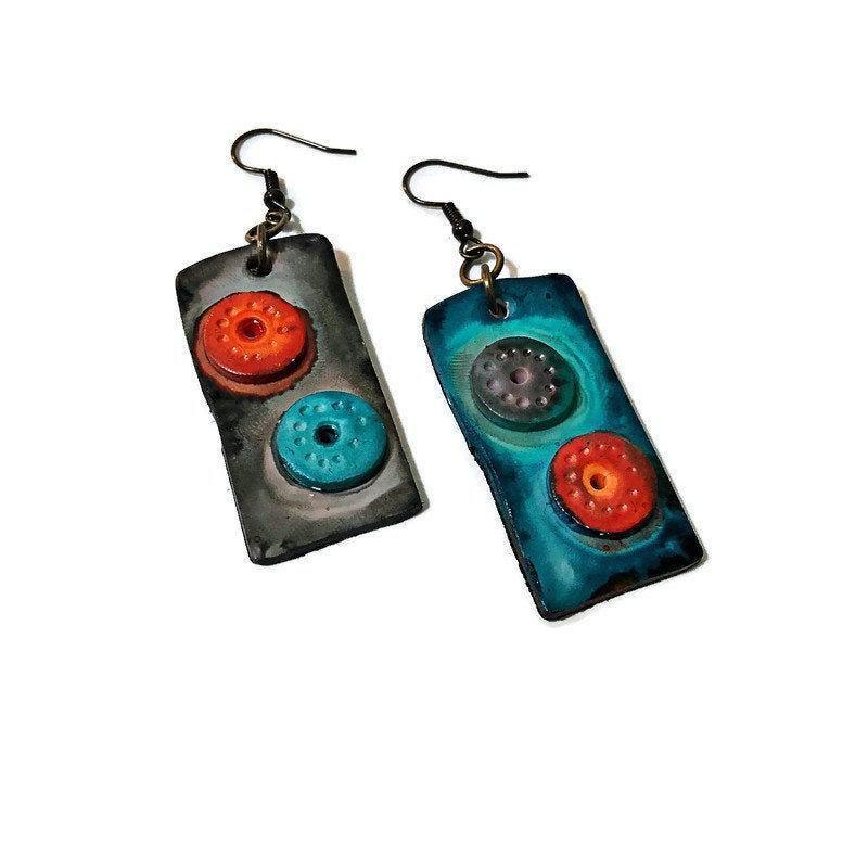Unusual Mismatched Earrings, Quirky Hand Painted Dangle Earrings