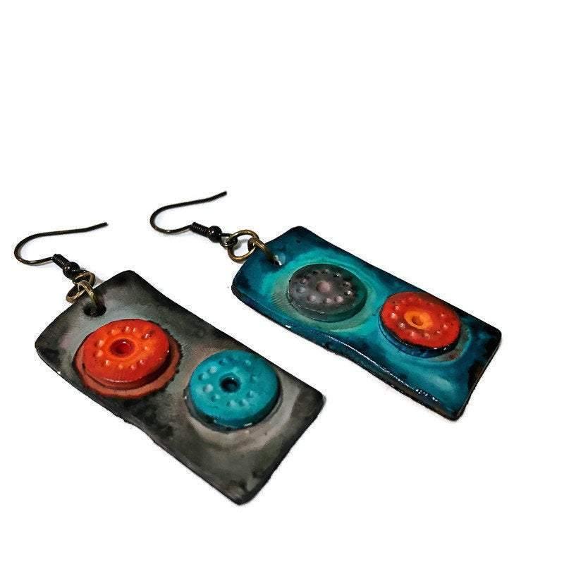 Unusual Mismatched Earrings, Quirky Hand Painted Dangle Earrings